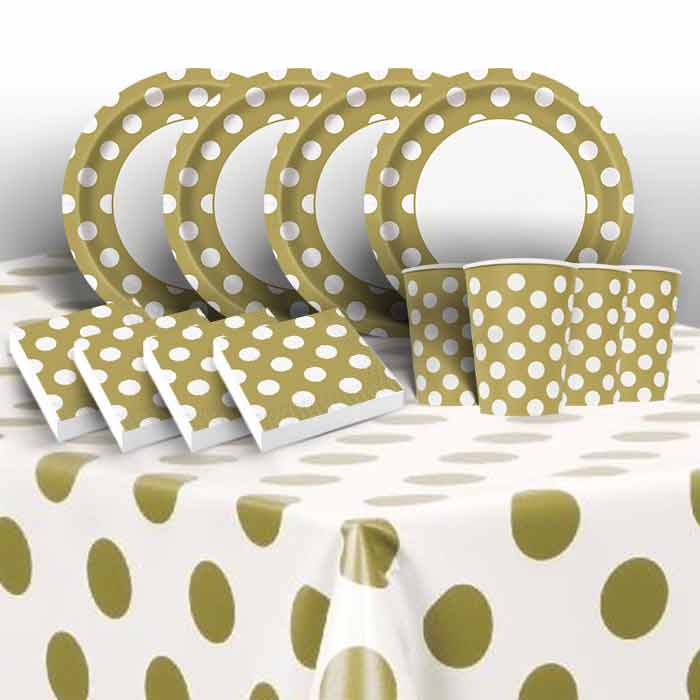 Gold & White Polka Dots Party Pack: Tableware Party Kit | Party Save Smile
