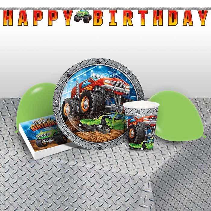 Monster Truck Birthday Party Pack: Tableware & Decoration Kit | Party Save Smile