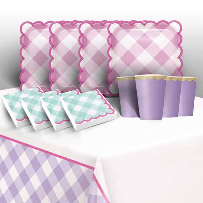 Pastel Gingham Party Pack: Tableware Kit for 8 - 48 Guests | Party Save Smile