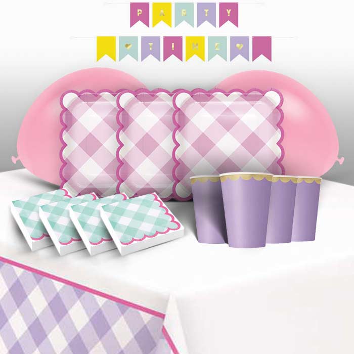 Pastel Gingham Party Pack: Kit with Decorations & Balloons | Party Save Smile
