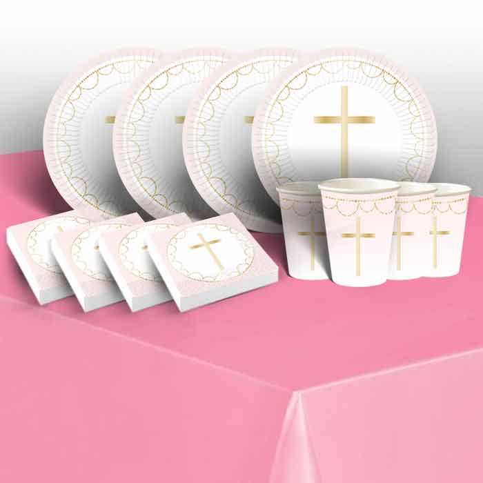 Communion Plates and Napkins Pack - Pink Botanical | Party Save Smile