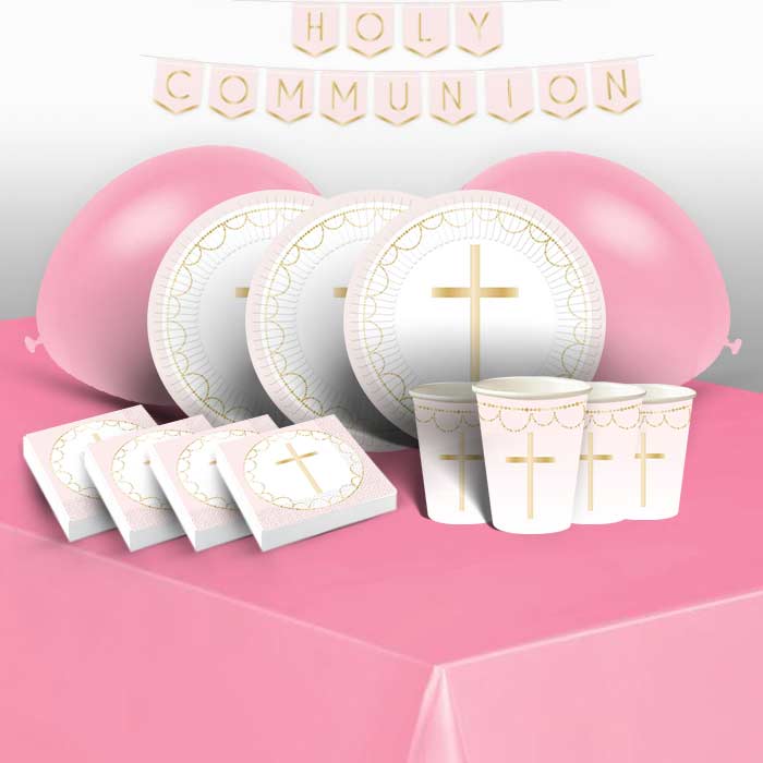 Pink Botanical First Communion Party Pack: Tableware & Decor Kit | Party Save Smile