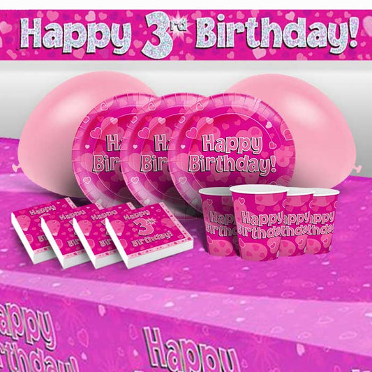 Pink Heart 3rd Birthday Party Pack; Kit with Decorations | Party Save Smile