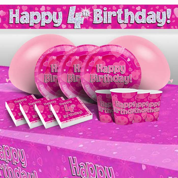 Pink Hearts 4th Birthday Party Pack with Decorations | Party Save Smile