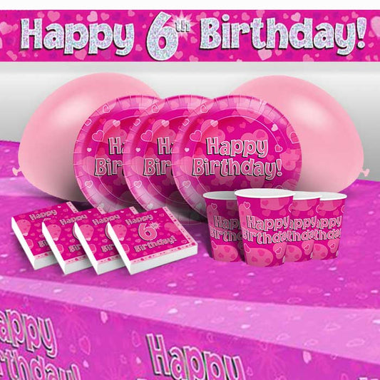 Pink Hearts 6th Birthday Pack: Tableware & Decoration Kit | Party Save Smile