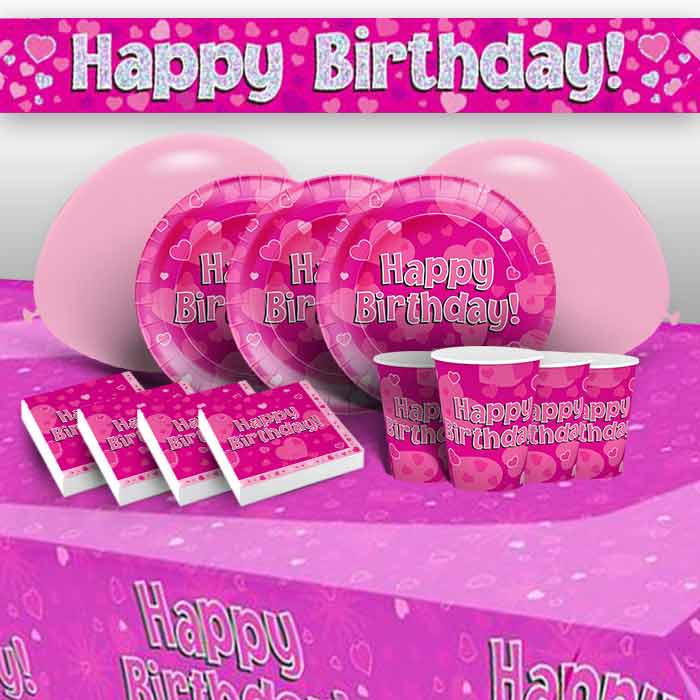 Pink Hearts Birthday Party Pack: Tableware & Decoration Kit | Party Save Smile