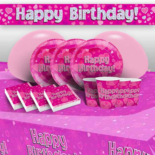 Pink Hearts Birthday Party Pack: Tableware & Decoration Kit | Party Save Smile