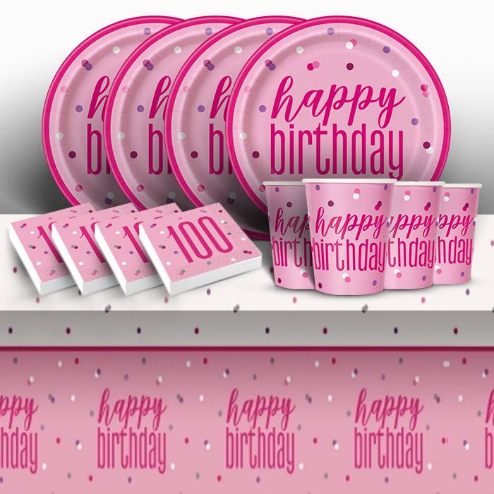 Pink Glitz 100th Birthday Party Pack: Tableware Party Kit | Party Save Smile