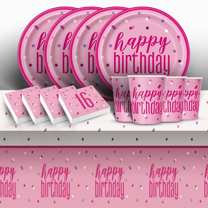 Pink Glitz 16th Birthday Party Pack: Tableware Party Kit | Party Save Smile