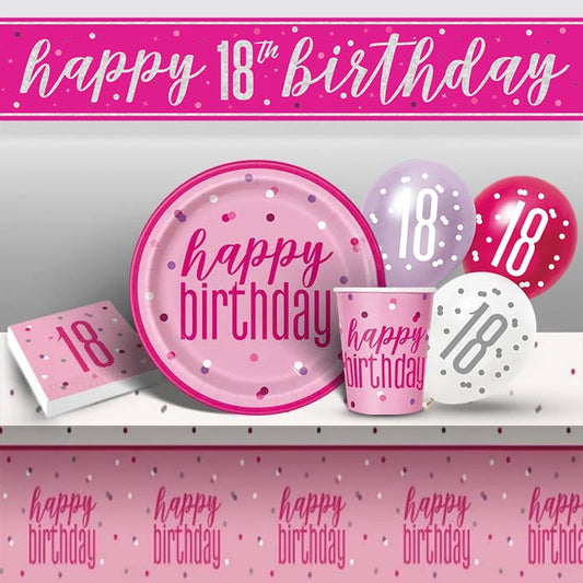 Pink Glitz 18th Birthday Party Pack: Tableware & Decoration Kit | Party Save Smile