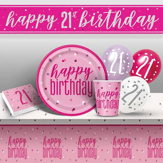Pink Glitz 21st Birthday Party Pack: Tableware & Decoration Kit | Party Save Smile