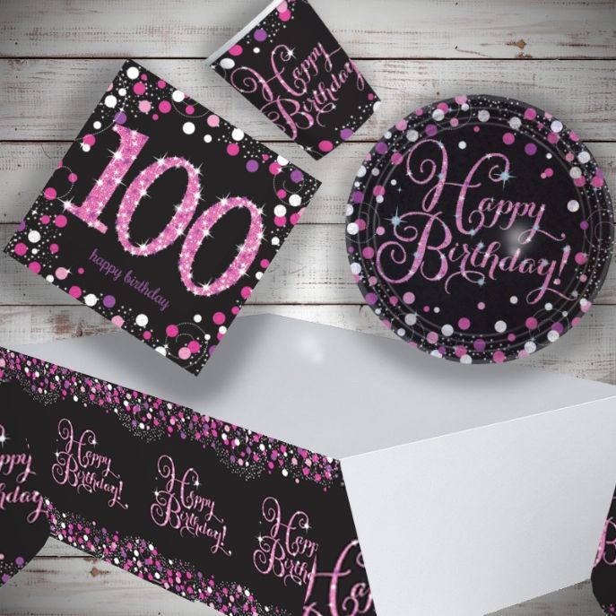 Pink & Black 100th Birthday Party Pack: Tableware Party Kit | Party Save Smile