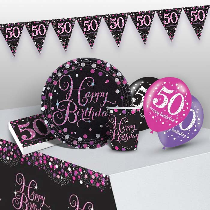 Pink & Black 50th Birthday Pack with Decorations | Party Save Smile