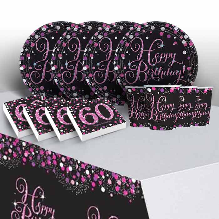 Pink Black 60th Birthday Party Pack: Tableware Party Kit | Party Save Smile