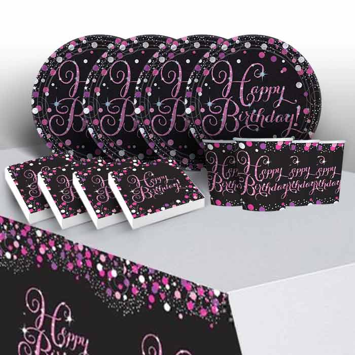 Pink & Black Birthday Party Pack: Tableware Party Kit | Party Save Smile