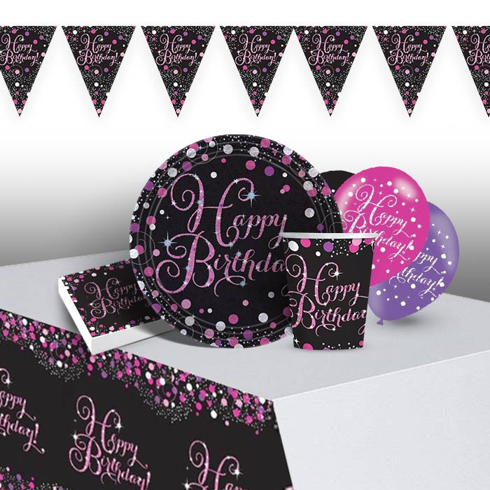 Pink Sparkling Birthday Party Pack: Tableware & Decoration Kit | Party Save Smile