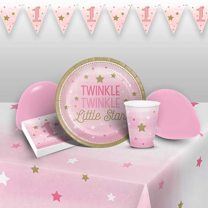 Pink Star 1st Birthday Party Pack: Tableware & Decoration Kit | Party Save Smile