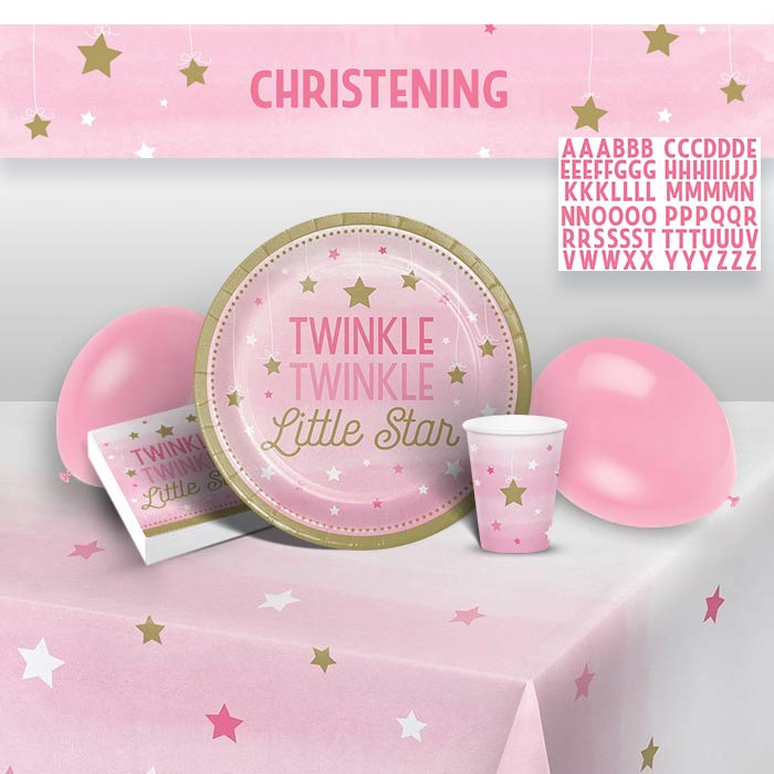 Pink Star Christening Party Pack: Tableware & Decoration Kit | Party Save Smile