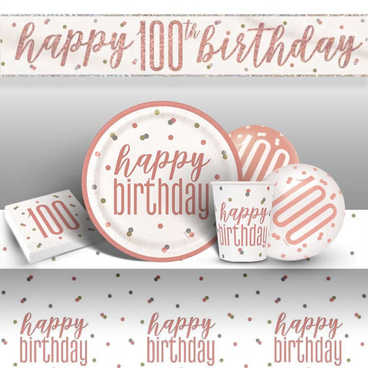 Rose Gold 100th Birthday Party Pack: Tableware & Decoration Kit | Party Save Smile