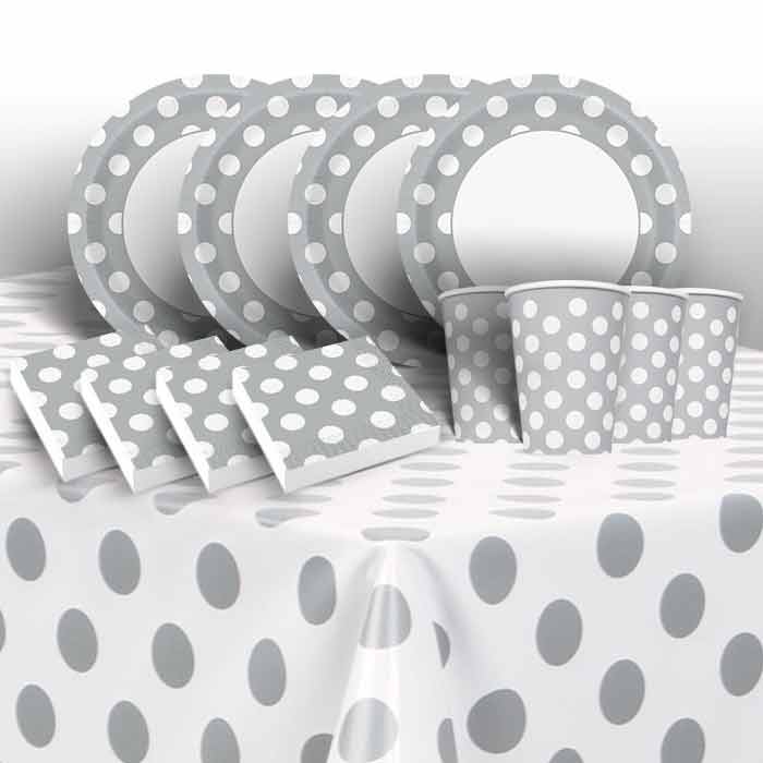 Silver & White Polka Dots Party Pack: Tableware Party Kit | Party Save Smile