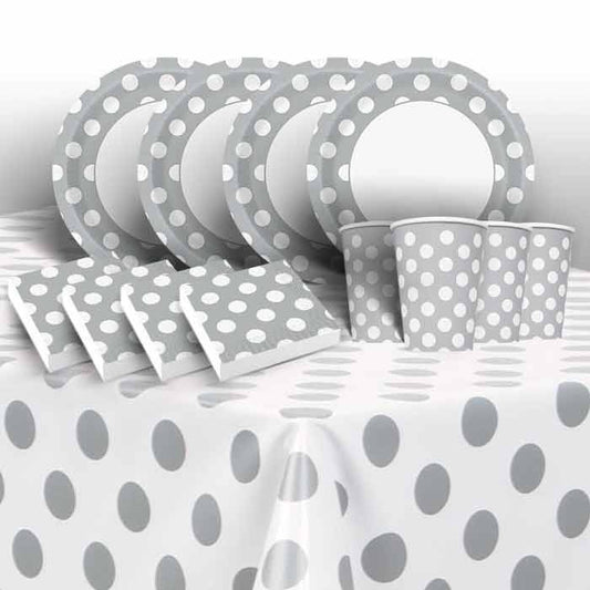 Silver & White Polka Dots Party Pack: Tableware Party Kit | Party Save Smile