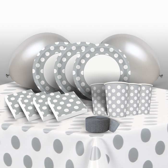 Silver Polka Dot Party Pack: Tableware & Decoration Kit | Party Save Smile