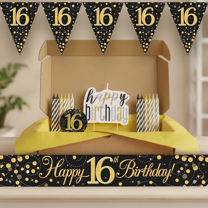 Black & Gold 16th Birthday Decoration Package | Party Save Smile