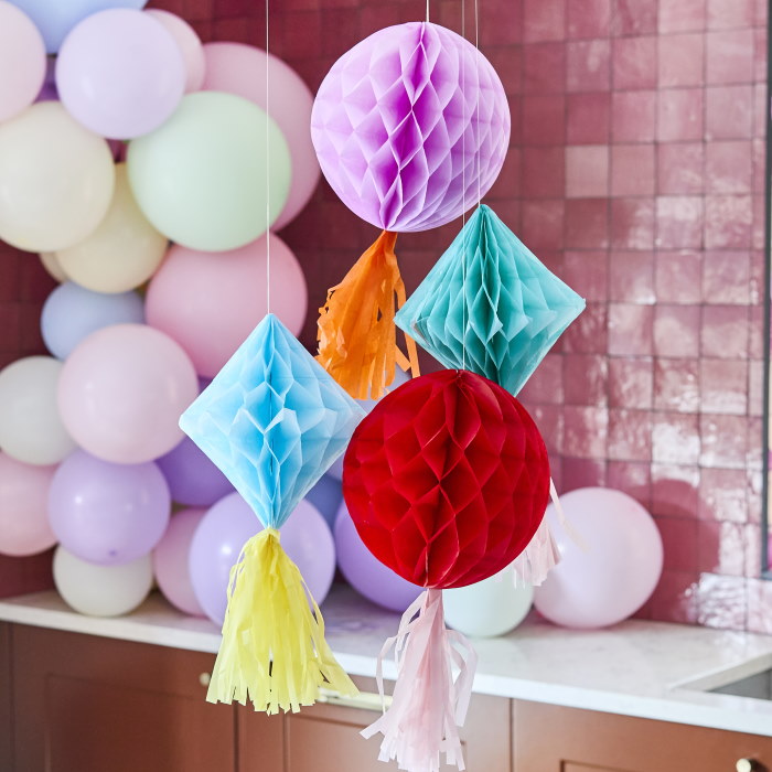 Bright Banquet Tassel Honeycomb Decorations - Pack of 4 | Party Save Smile