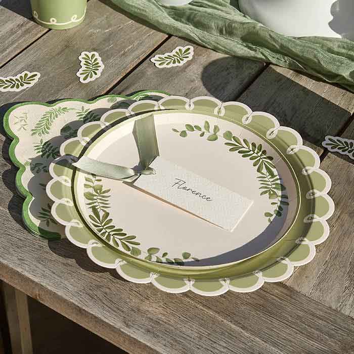 Botanical Place Card With Green Satin Knot - Pack of 8