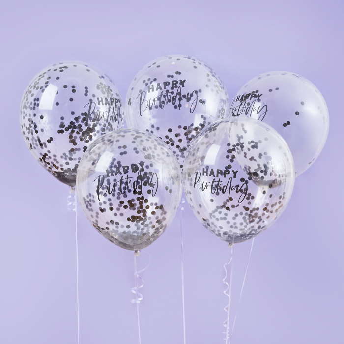 Silver Happy Birthday Confetti Filled Latex Balloons 5 Pack | Party Save Smile