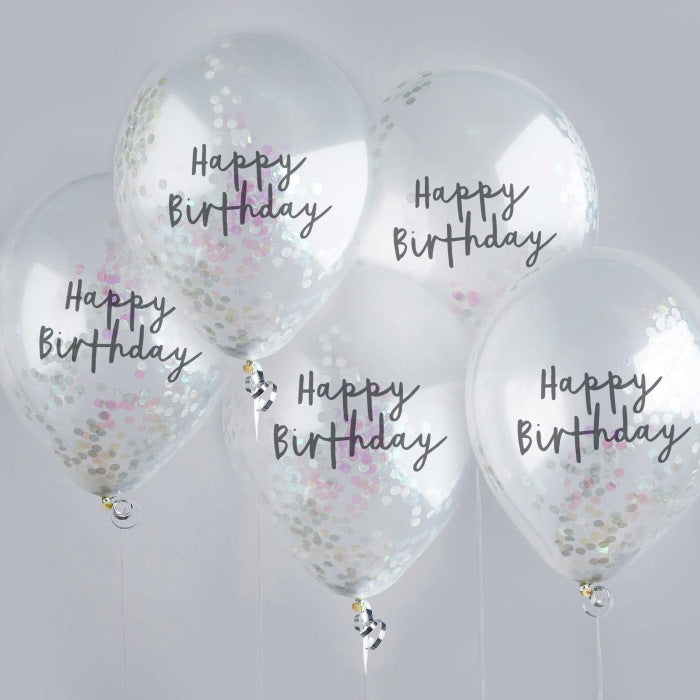 Iridescent Happy Birthday Confetti Latex Balloons Pack of 5 | Party Save Smile
