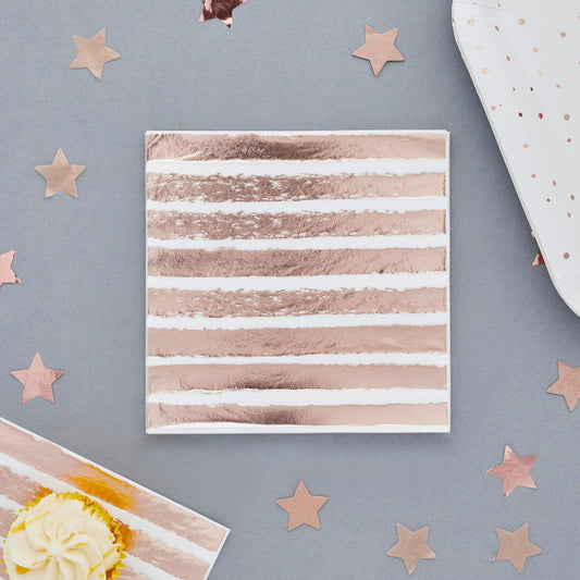 Rose Gold Striped Paper Napkins Pack of 16 | Party Save Smile