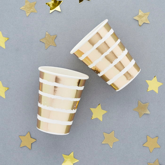 Gold Striped Paper Cups Pack of 8 | Party Save Smile
