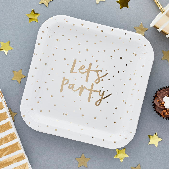 Gold Lets Party Paper Plates Pack of 8 | Party Save Smile