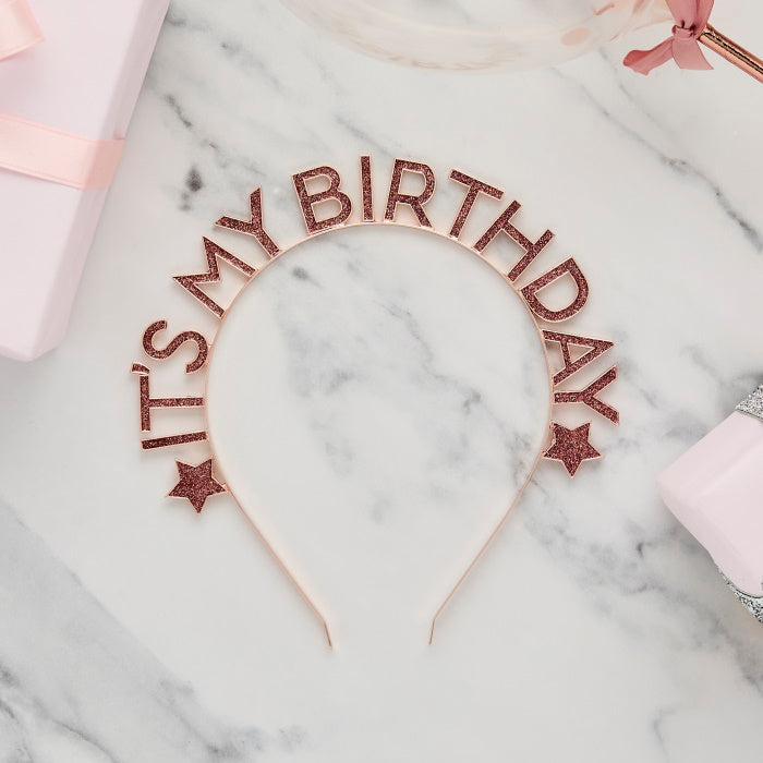 Rose Gold 'Happy Birthday' Glitter Metal Headband | Party Save Smile