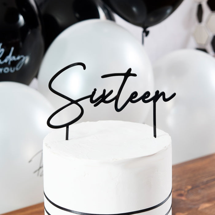 Black 'Sixteen' Acrylic Cake Topper 18cm | Party Save Smile