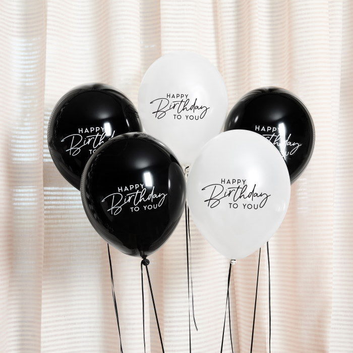 Black and White Happy Birthday Latex Balloons - Pack of 5 | Party Save Smile