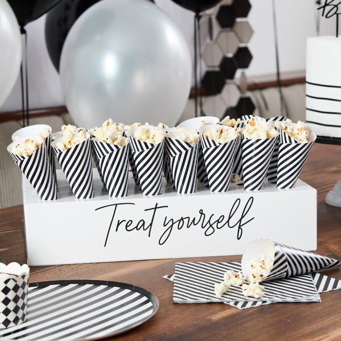 Black and White 'Treat Yourself' Box Stand & 45 Treat Cones | Party Save Smile