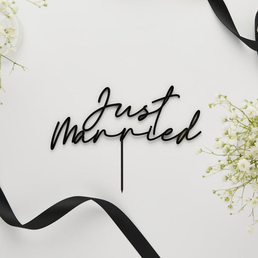 Black 'Just Married' Acrylic Wedding Cake Topper 16cm | Party Save Smile