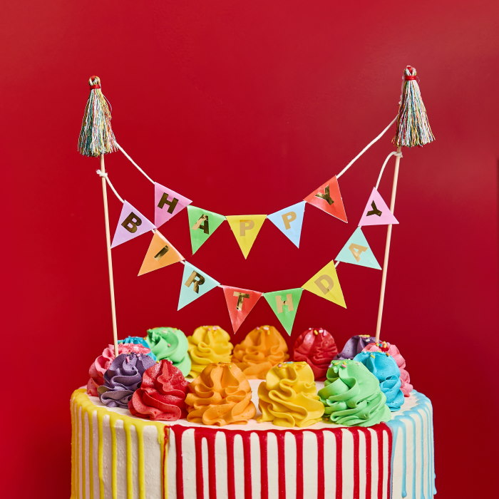 Bright Birthday Cake Topper with Bunting & Tassels 20cm | Party Save Smile