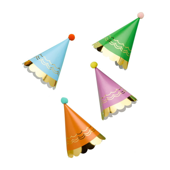 Bright Colour Party Hats with Pom Poms - Pack of 8