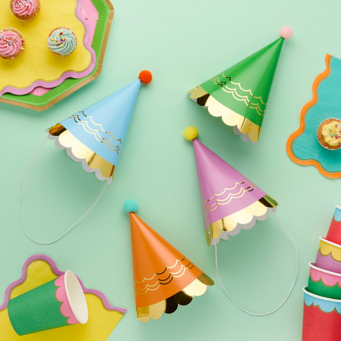 Bright Colour Party Hats with Pom Poms - Pack of 8 | Party Save Smile