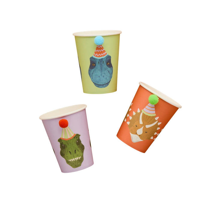 Dinosaur Paper Party Cups with Pom Poms - Pack of 6