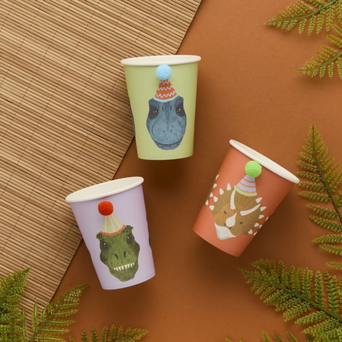 Dinosaur Paper Party Cups with Pom Poms - Pack of 6 | Party Save Smile