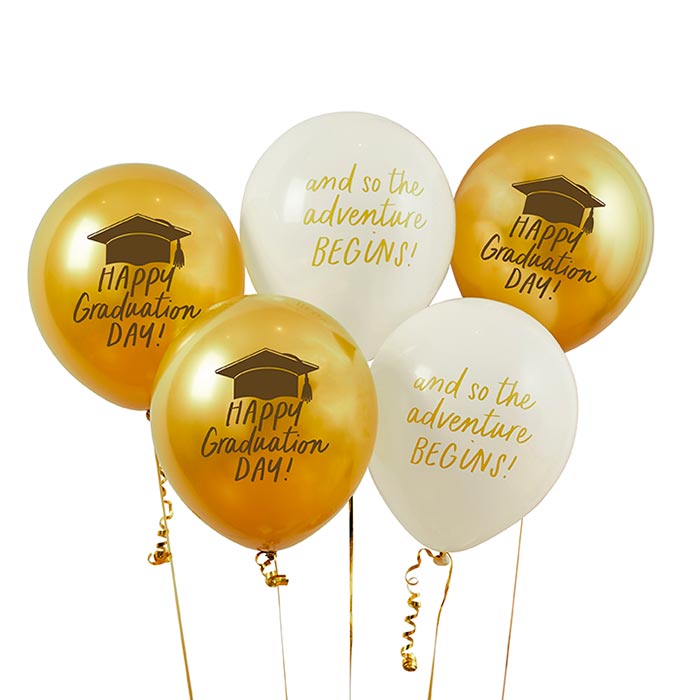 Gold and White Graduation Latex Balloons