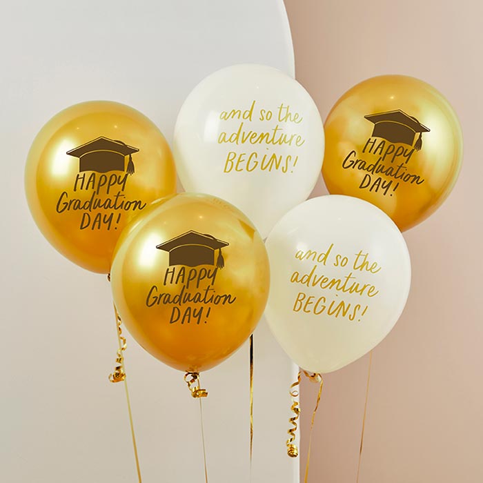 Gold and White Graduation Latex Balloons | Party Save Smile