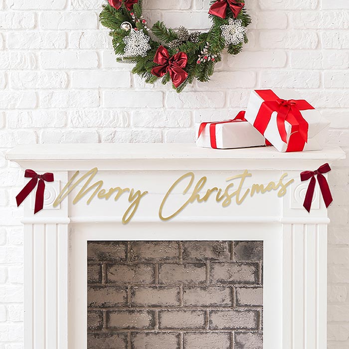 Gold 'Merry Christmas' Banner Décor With Velvet Bows 2 metres