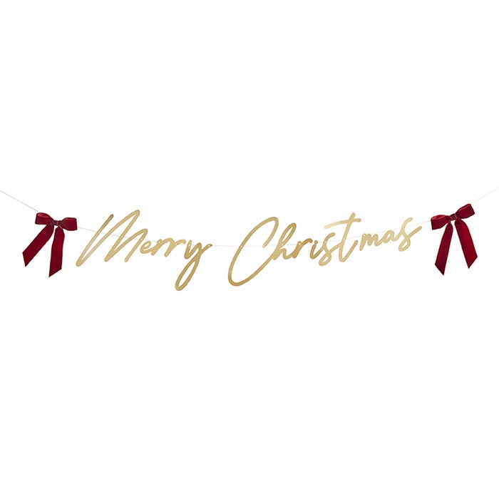 Gold 'Merry Christmas' Banner Décor With Velvet Bows 2 metres | Party Save Smile
