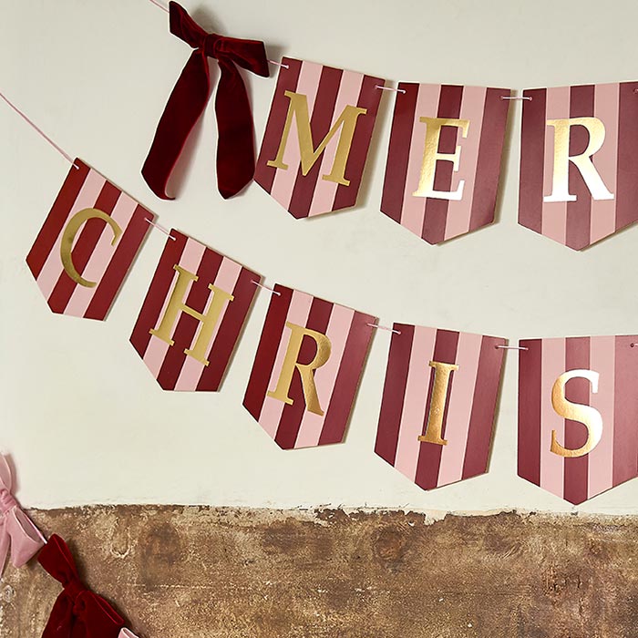 Striped Merry Christmas Banner Decoration With Velvet Bows x2 2m