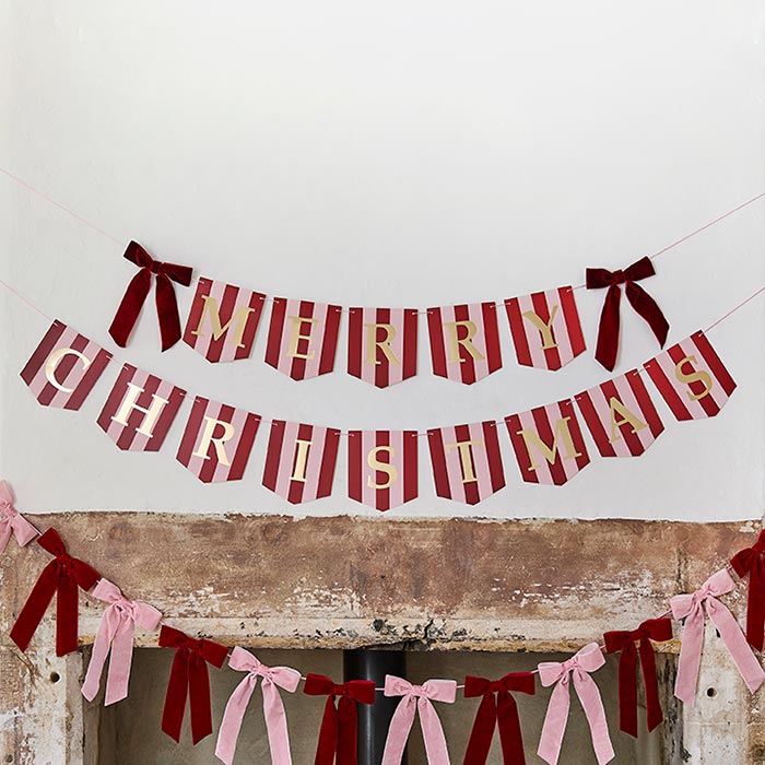 Striped Merry Christmas Banner Decoration With Velvet Bows x2 2m | Party Save Smile